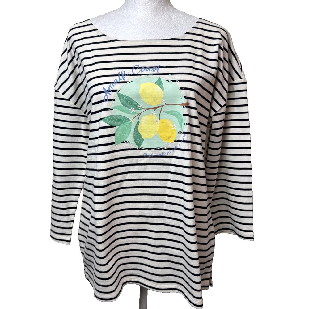 Talbots Amalfi Coast Lemon Striped Tee Drop Shoulder Bateau Neck Top Medium M